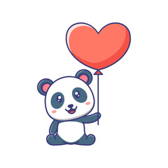 Cute baby panda sitting and holding balloon cartoon illustration. Panda cartoon flat design with heart or balloon. For sticker, banner, poster, packaging, children book cover.