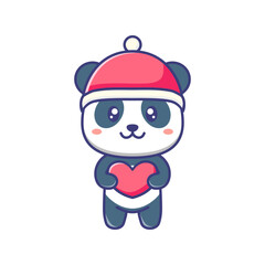 Cute baby panda love wearing a red hat cartoon illustration. Panda cartoon flat design with heart and red hat. For sticker, banner, poster, packaging, children book cover.