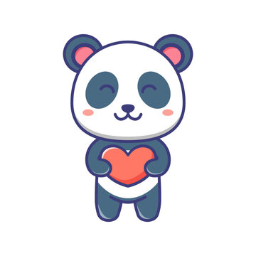 Cute baby panda love cartoon illustration. Panda cartoon flat design with heart. For sticker, banner, poster, packaging, children book cover.