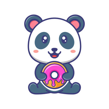 Cute baby panda sitting and holding a doughnut cartoon illustration. Panda cartoon flat design with doughnut or donut. For sticker, banner, poster, packaging, children book cover.