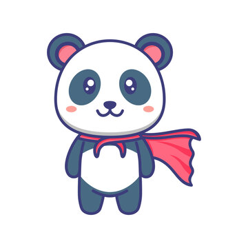 Cute baby panda hero with red cape cartoon illustration. Panda cartoon flat design isolated. For sticker, banner, poster, packaging, children book cover.