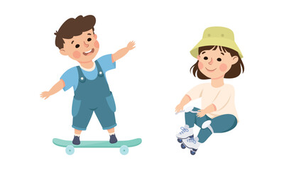 Little Boy and Girl on Roller Skates and Skateboard in Skate Park Having Fun and Enjoying Recreational Activity Vector Set
