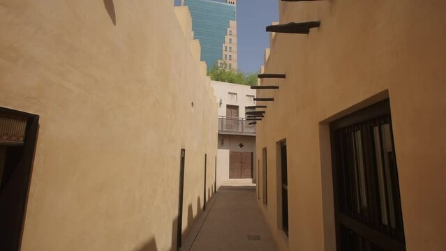 Point of view moving in the old arabic medieval narrow street, inner yard...