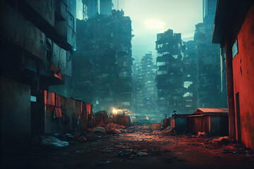 Obraz premium Empty post apocalyptic city landscape. Digital painting of building in ruins, destroyed. Futuristic slum. Broken, deserted cityscape. Post-war scenery, abandoned house. Digital painting of demolition.