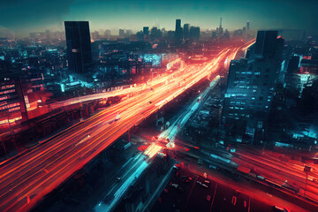 Fototapeta na wymiar Busy city street at night. Road with cars leaving light trails. Colorful abstract background. Digital painting of movement. Neon background of a futuristic city. Abstract concept of speed. Cityscape.