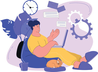 Woman freelancer working online in home chair. Vector illustration of cozy work from home. The pet lies at the feet. Woman chatting online