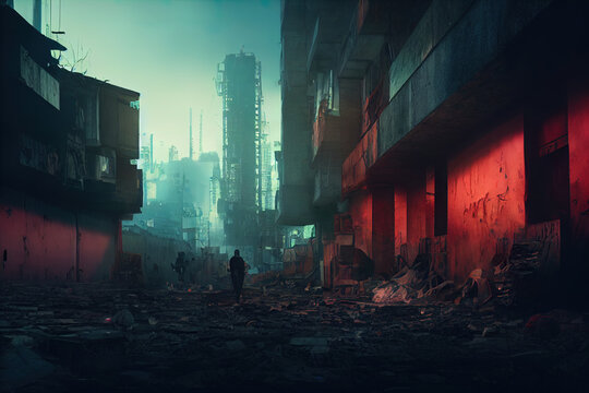One man walking trough the ruins of a destroyed city. Post war scenery. Post apocalyptic digital painting wallpaper. Sad, destruction illustration. Abandoned, destroyed cityscape. Lonely, sad feeling.