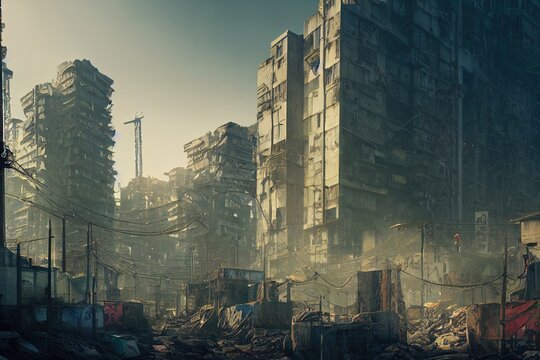 Empty post apocalyptic city landscape. Digital painting of building in ruins, destroyed. Futuristic slum. Broken, deserted cityscape. Post-war scenery, abandoned house. Digital painting of demolition.
