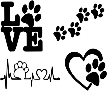 Handwritten Word Love With Paw Print And Heart Inside. Design For Pet Lovers.