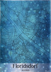 Christmas background, Chirstmas map of Floridsdorf Austria, greeting card on blue background.