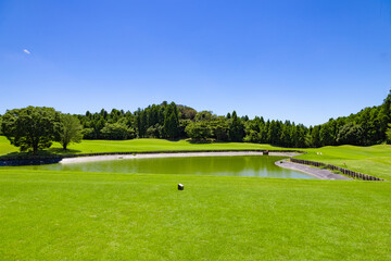 Fototapeta premium 青空のゴルフ場・コブの丘やハザードの池が戦略的で難しいコースの眺め（千葉県木更津市）