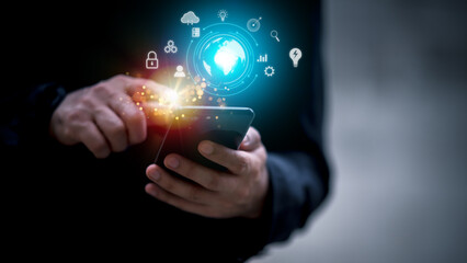 Internet networking, remotely work, data exchange concept. Young using smart mobile phone with internet network connection