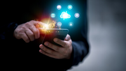 Man using smartphone showing cloud computing diagram in hand cloud technology data storage network...