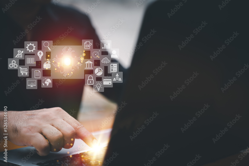 Poster closeup image of a business man's hands working and typing on laptop computer keyboard on office tab