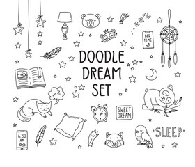 Sleep dream cute outline Doodle icons. Sleeping simple cartoon drawing style. 