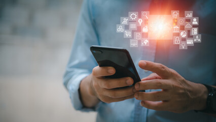 Cloud computing and technology icons touched by hand. Cloud technology collects lifestyle and confidential information such as shopping and internet banking, passwords, financial information.