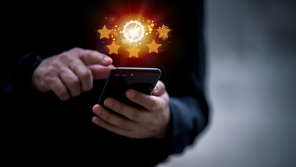 Customer SatisfShows Excellent Service Satisfaction.action Concept, encouragement and five-star satisfaction, Like and Rate Five Stars,