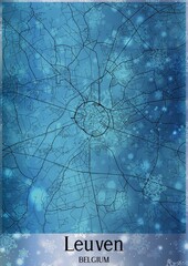 Christmas background, Chirstmas map of Leuven Belgium, greeting card on blue background.