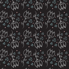 Beautiful hand drawn floral pattern design. Black background.