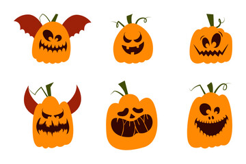 Scary and funny faces of pumpkins or Halloween ghosts. Halloween Elements and Objects for Design Projects.