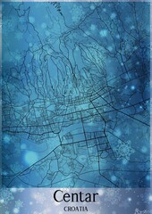Christmas background, Chirstmas map of Centar Croatia, greeting card on blue background.