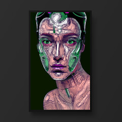 Cyberpunk woman portrait.  Woman beauty fashion concept, minimalistic style. Trendy modern illustration for poster, banner, cover.