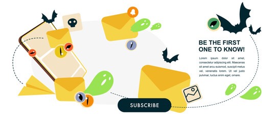 Halloween newsletter banner. Mailing vector template.S martphone with flying paper envelopes filled with spooky ghosts, eyes and bats. Template for website, mailing or print.