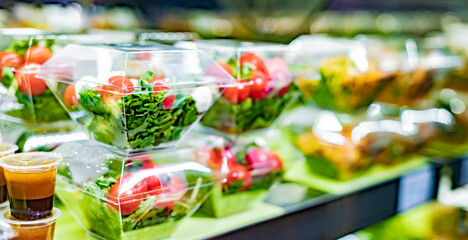 Vegetable salads displayed in a commercial refriger