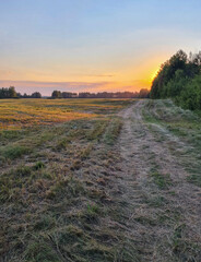 Landscape of a mowed field at sunset with a beautiful colorful bright sky