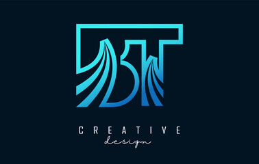 Outline blue letters BT b t logo with leading lines and road concept design. Letters with geometric design.