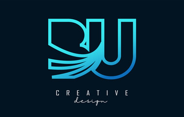 Outline blue letters BU b u logo with leading lines and road concept design. Letters with geometric design.