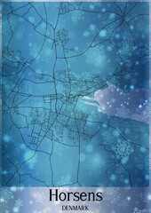Christmas background, Chirstmas map of Horsens Denmark, greeting card on blue background.