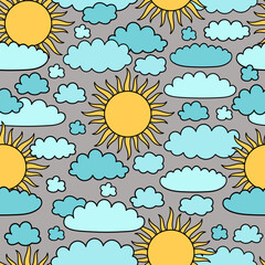 Sun pattern. Cartoon sun print. Night children background. Cartoon sun and cloud. Color pastel heavenly body. Bedtime stories. Sun texture. Kids backdrop.