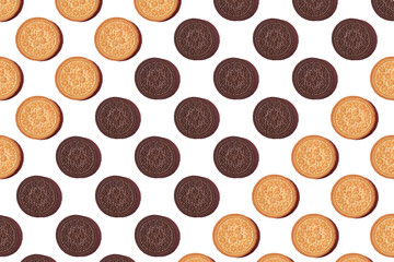 Pattern of cookies. Cookies on a pink background. Flat lay. Sweet cookies flat lay pattern on light pink background. Top view.