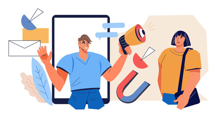 SMM digital marketing and target audience researches business concept. Influencer and entrepreneur advertises on social networks, flat vector illustration isolated on white background.