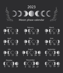 Fototapeta na wymiar Astrological calendar design 2023. Moon phase calendar. 