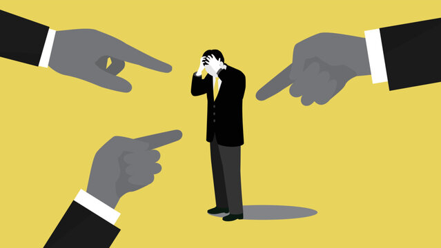 頭を抱える男性と大きな手のイラスト、ベクター