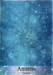 Christmas background, Chirstmas map of Amiens France, greeting card on blue background.
