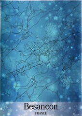 Christmas background, Chirstmas map of Besancon France, greeting card on blue background.