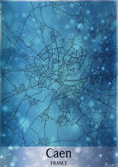 Christmas background, Chirstmas map of Caen France, greeting card on blue background.