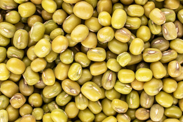 Lots of organic uncooked mung beans, close up, top view.
