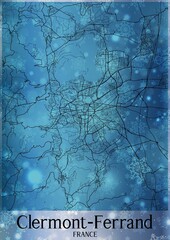 Christmas background, Chirstmas map of Clermont-Ferrand France, greeting card on blue background.