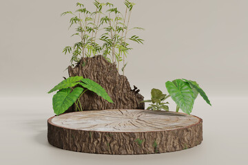 Podium for product display nature concept with wood, taro leaf, and bamboo 3D Rendering - obrazy, fototapety, plakaty
