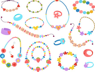 Plastic kids beads. Diy beading 00s accessories, braid bracelet and making necklace with letters. 90s style jewelry design, fashion children decent vector set