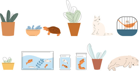 Animals and plants in pots. Home cozy elements, cats, fish in aquarium and hamster in cage. Cute kitten sleep, house garden vector icons