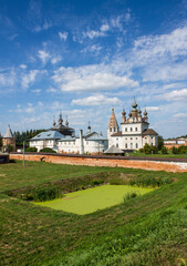 Fototapeta na wymiar Beautiful panorama of the old Kremlin with historical churches and a stone fortress wall in Yuriev-Polsky, Vladimir region, Russia at sunny summer day