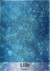Christmas background, Chirstmas map of Lille France, greeting card on blue background.
