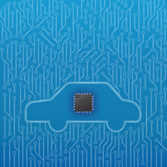 EV car and microchip on blue circuit board