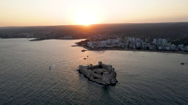 Aerial view of the maiden castle (Kiz Kalesi) in Mersin Turkey.