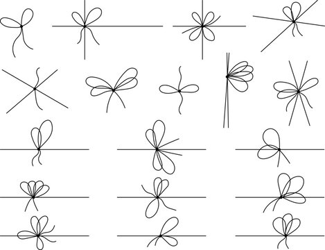 Simple line bows on ribbon. Bow on string set, lines and corners decoration design. Bowknot for package or letter, planner diary decent vector dividers
